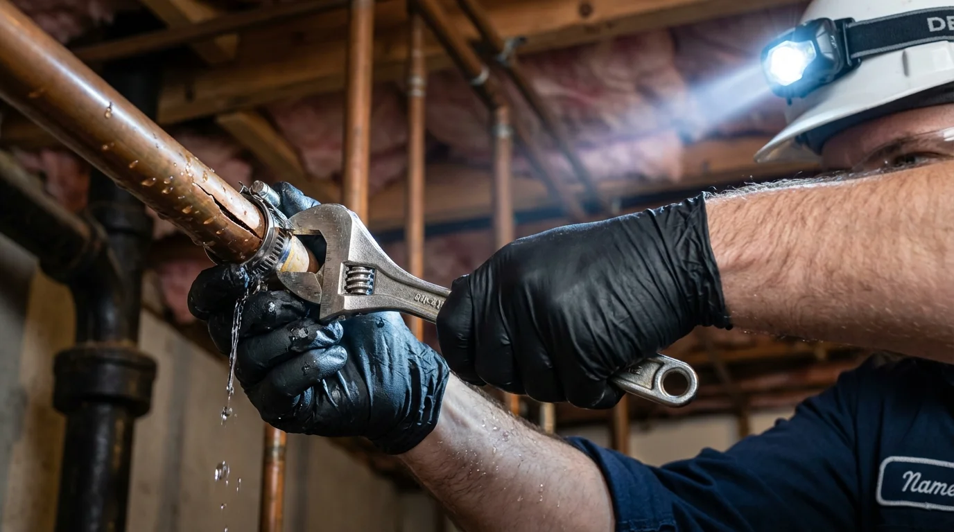 Emergency pipe clamp repair being performed by a Johns Plumbing LLC plumber in Stockton
