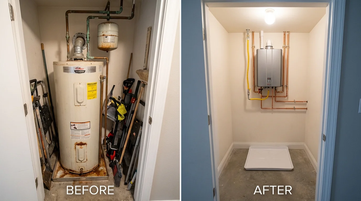 Tank water heater versus wall-mounted tankless unit comparison for Stockton, KS homeowners