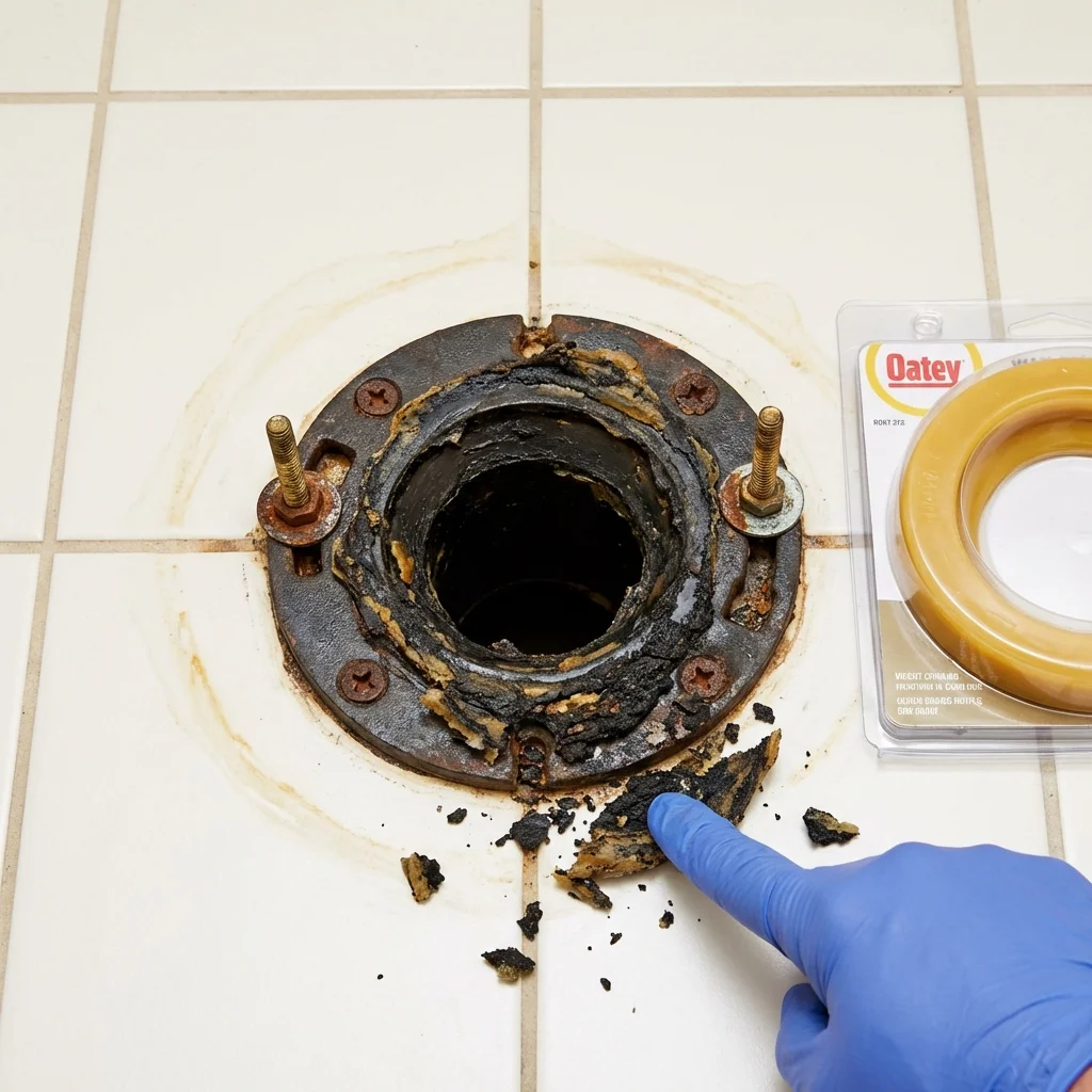 Failed wax ring showing water seepage at the base of a toilet in a Stockton, KS home