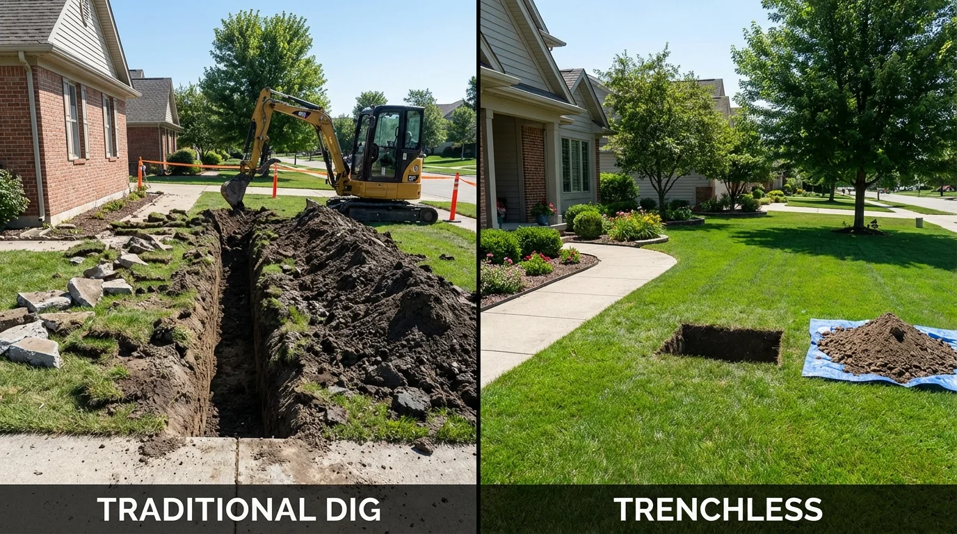 Trenchless sewer repair with minimal yard damage versus traditional excavation in Stockton, KS