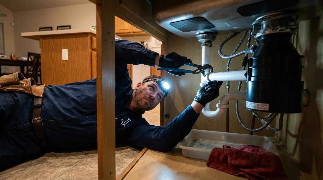 P-trap and supply line connections under a kitchen sink showing a common leak point in Stockton, KS